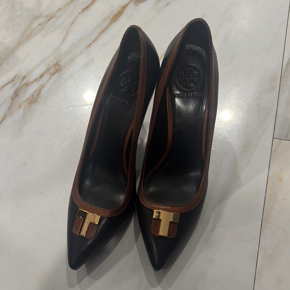 Tory Burch Black and Brown Heels with Gold Embellishment